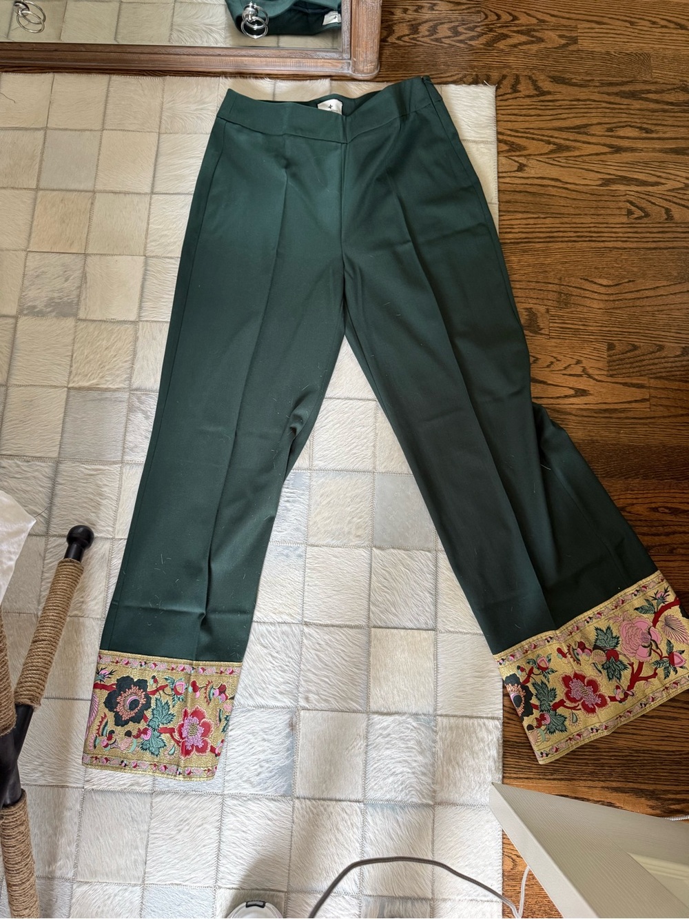 Tuckernuck Forest Green Wide-Leg Pants with Embroidered Floral Cuffs